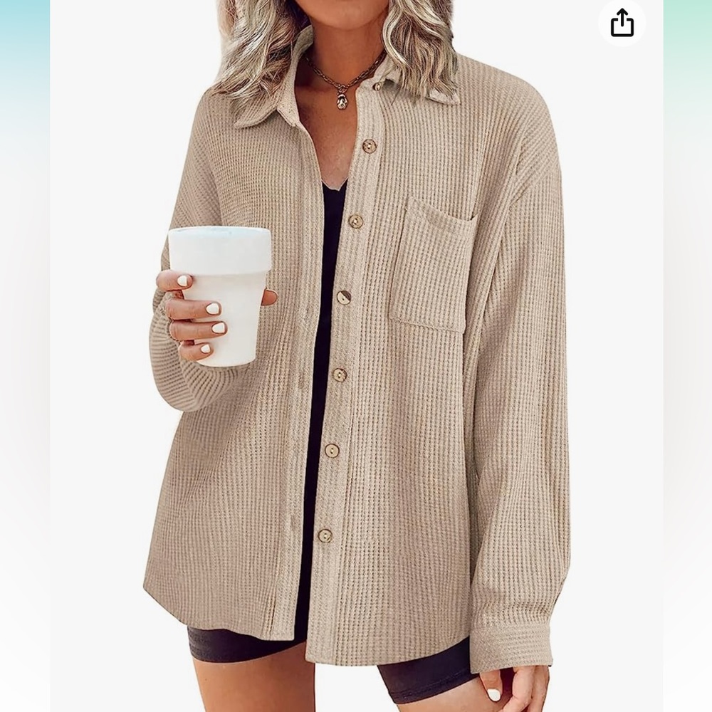 HOTOUCH Waffle Button Down Shirt Long Sleeve Loose Fit with Pocket